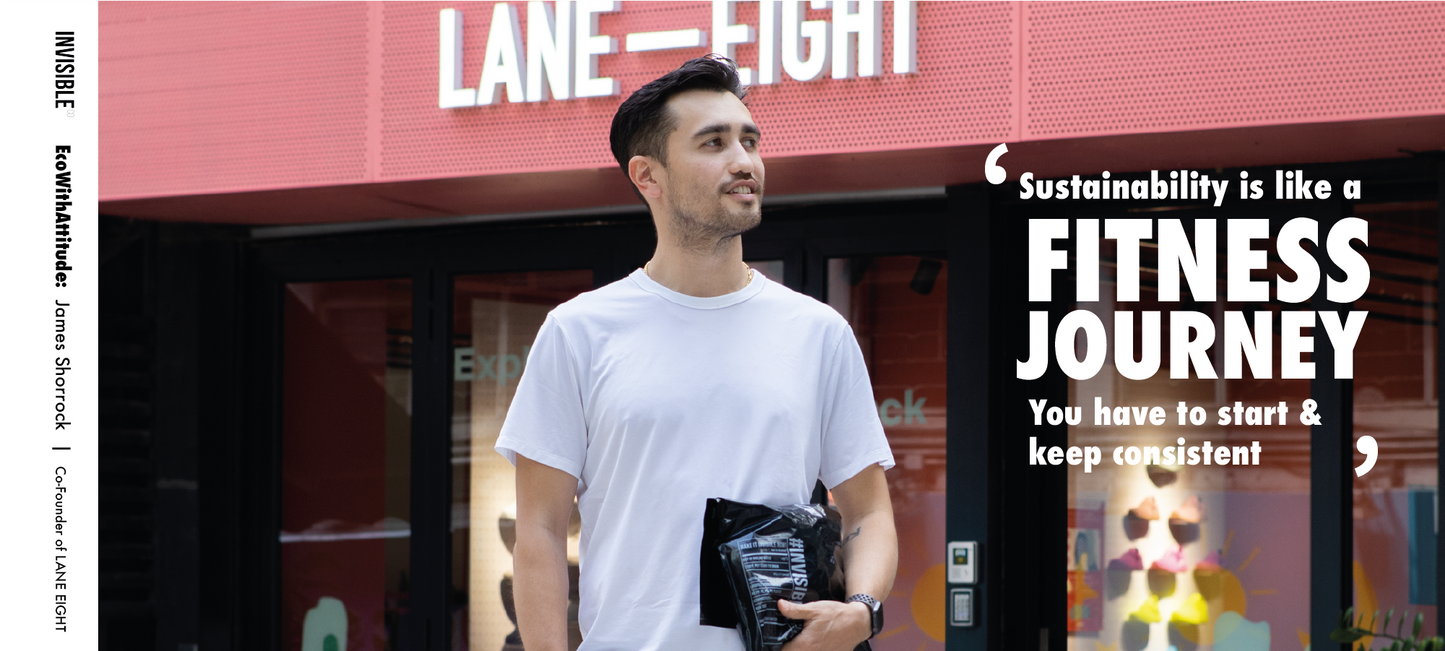 James Shorrock holding invisible bag in front of the LANE EIGHT store
