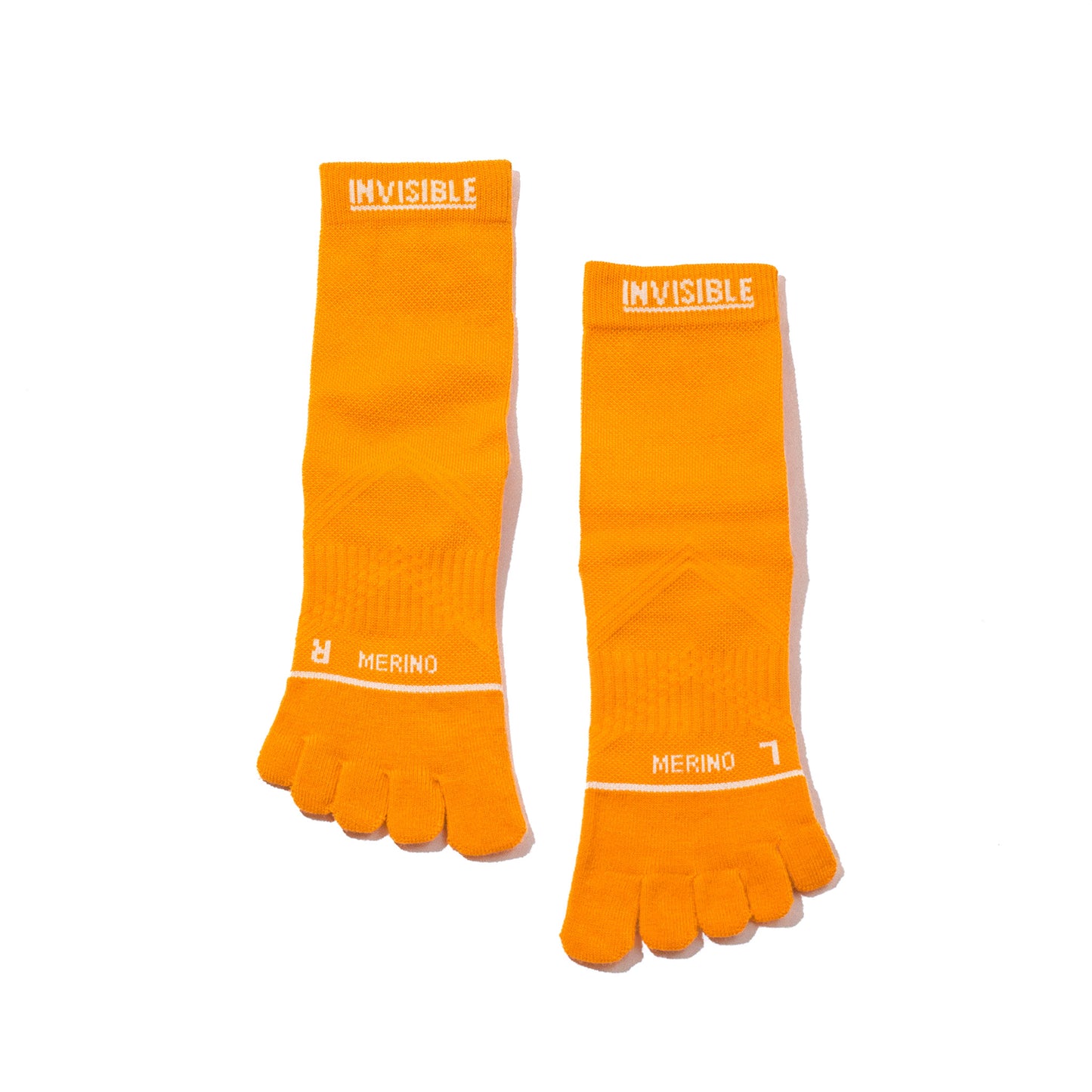 A pair of Invisible Merino 5 Toe Targeted Cushion Crew Socks in Flame Orange 