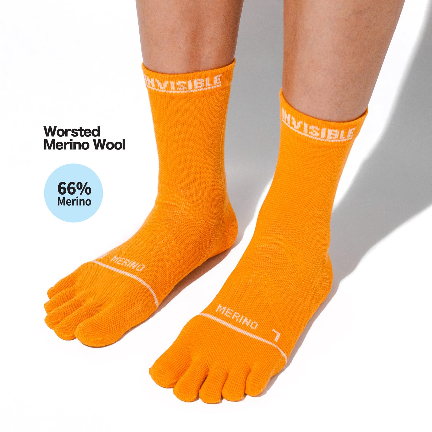 66% Merino Wool content of Invisible Merino 5 Toe Targeted Cushion Crew Socks